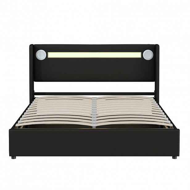 OKWISH ČALOUNĚNÁ postel 160/200 cm černá z PU kůže s úložným prostorem LED a Bluetooth