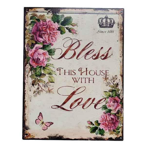 Nástěnná kovová cedule s růžemi Bless this house with Love - 25*33 cm Ostatní