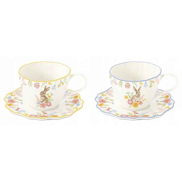 Sada 2 porcelánových šálků 120 ml s podšálky králík květiny Velikonoce