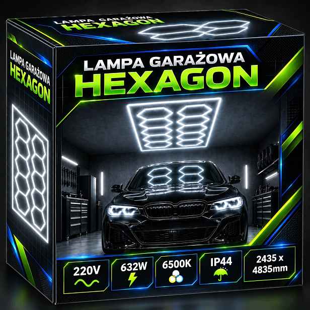 Led lampa Hexagon 632W 6500K Stropní garáž Dílna Detailing 244x484cm