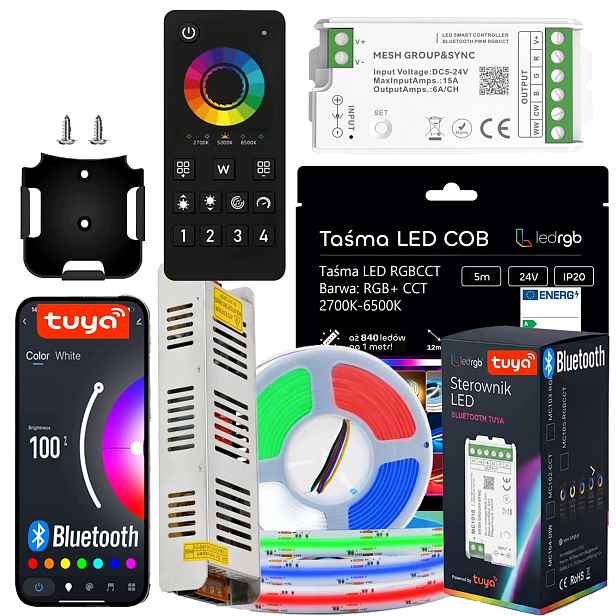 Set Led Pásek Cob 5M Rgb Cct Bílý Wifi Dálkový Ovladač Napájecí Zdroj Aplikace Tuya