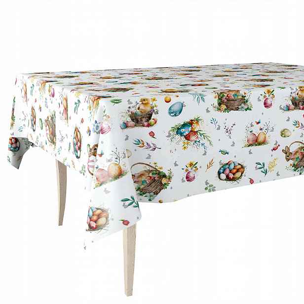 Cerata Hrubý Bílý Ubrus Velikonoce Ozdoby Psaníčka Zajíci Kuřata 140x450