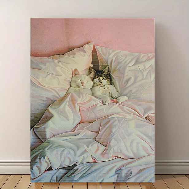 TEMU 1 ks Nepaspartovaný tisk na plátně 30,48x40,64 cm - Romantický pár koček v pastelově růžové ložnicové scéně, Rozmarný dárek pro milovníky koček,