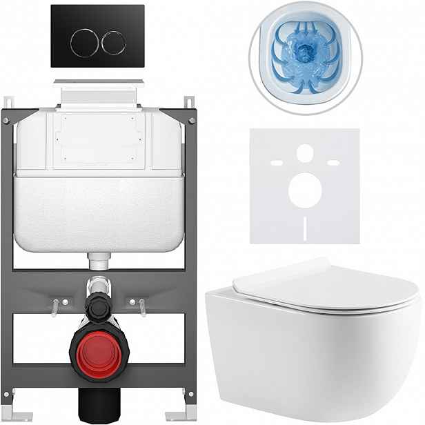 Kompletní WC set Basic/Felci - bílá lesklá - WC tlačítko Dualo/Černá - ovládání shora - předstěnová instalace - 53x37 cm