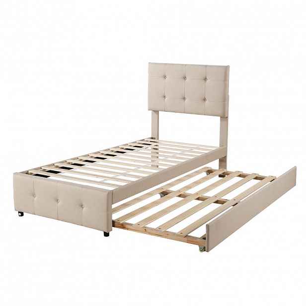OKWISH ČALOUNĚNÁ postel 90/200 cm béžová z lněné tkaniny s výsuvným lůžkem a nastavitelným čelem