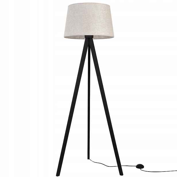 Stojací lampa podlahová černá trojnožka s lněným stínítkem boho do ložnice