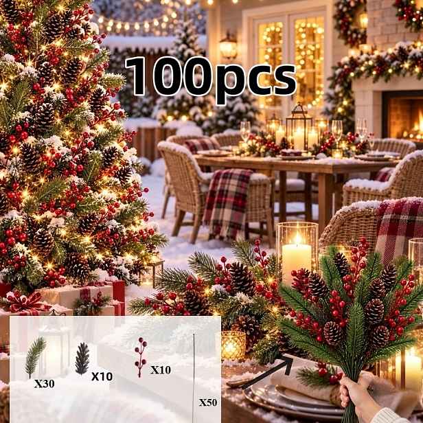 TEMU 100 ks - 50 sad zimní dekorativní květinová aranžmá, vánoční umělá květinová kombinace s červenými bobulemi, šiškami, větvemi borovice, umělé
