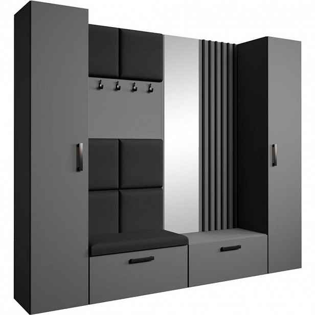 Beautysofa PŘEDSÍŇOVÁ sestava Margaret XL 242/203/43 s čalouněnými panely / lamelami / zrcadlem, grafitová