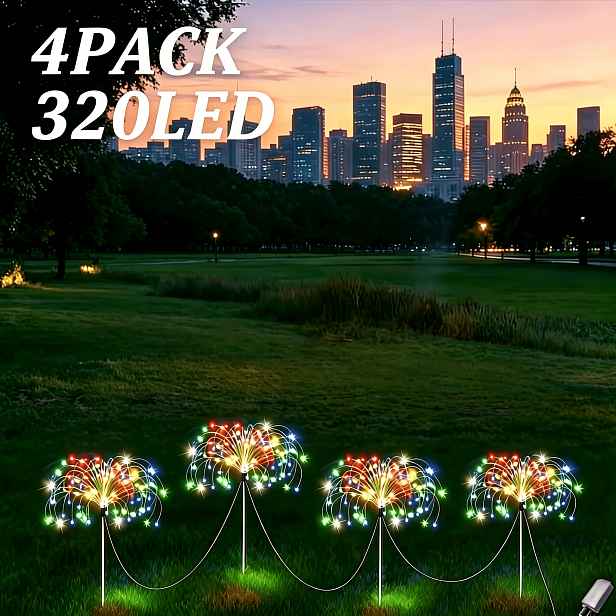 TEMU 4-balení - 320 LED solárních světel pampelišek Starburst - 4-balení - 240 LED 8 režimů, ohňostroje, automatické zapnutí/vypnutí venkovní dvůr,