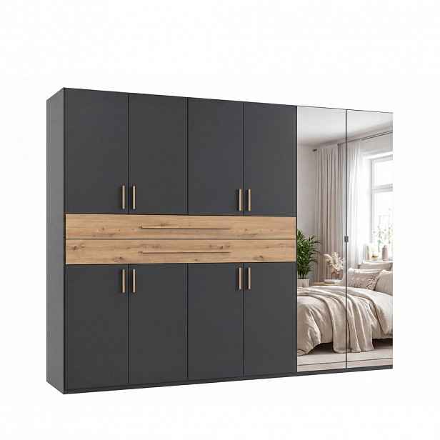 luma-home SKŘÍŇ S OTOČNÝMI DVEŘMI B270/H208/T58 cm v barvě grafit, šatní skříň se 2 zrcadlovými dveřmi, 2 zásuvkami a úchytkami v dekoru dub Artisan /