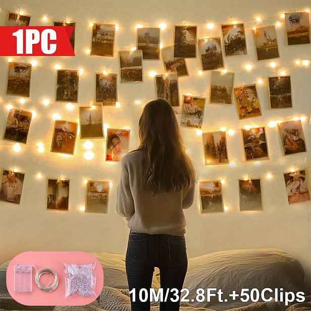 TEMU 1 ks Foto Clip String Světla pro Dekoraci Pokoje, 100/50/20LED Foto Kolíkové Světelné Řetězy, /25/10 Čirými Klipy na Fotky, Roztomilá Dekorace