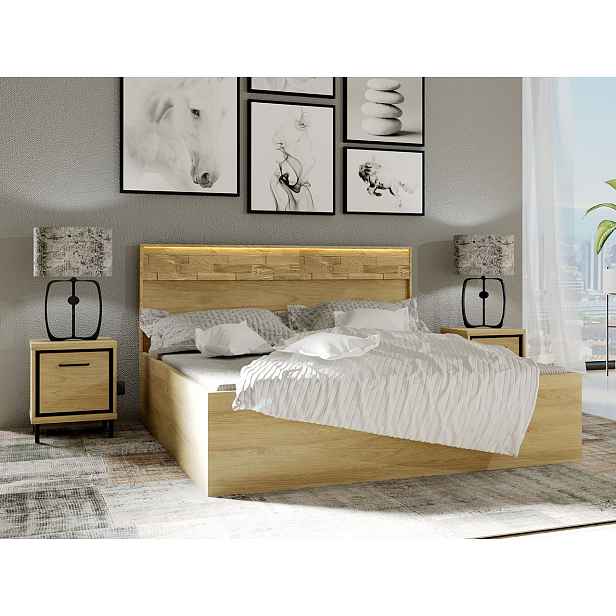 Ložnicová sestava s LED osvětlením a postelí 160x200 SUCRE 2 - ořech hikora / dub / černé nožky
