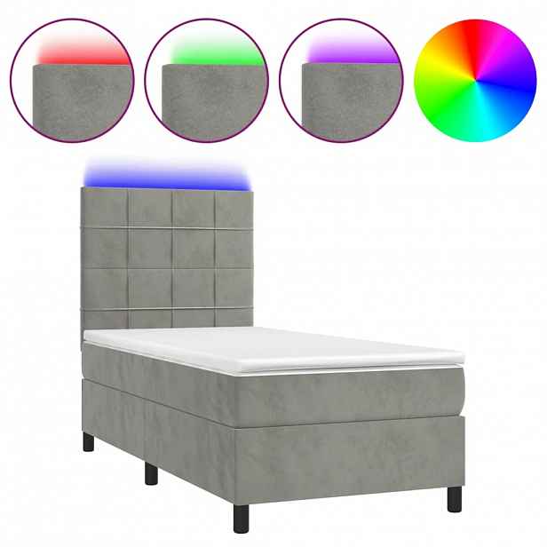 vidaXL Box spring postel s matrací a LED světle šedá 90x200 cm samet