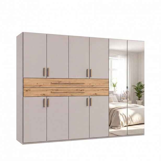 luma-home SKŘÍŇ S OTOČNÝMI DVEŘMI B270/H208/T58 cm, béžovo-šedá, šatní skříň se 2 zrcadlovými dveřmi, 2 zásuvkami a úchytkami v dekoru dub Artisan / 2
