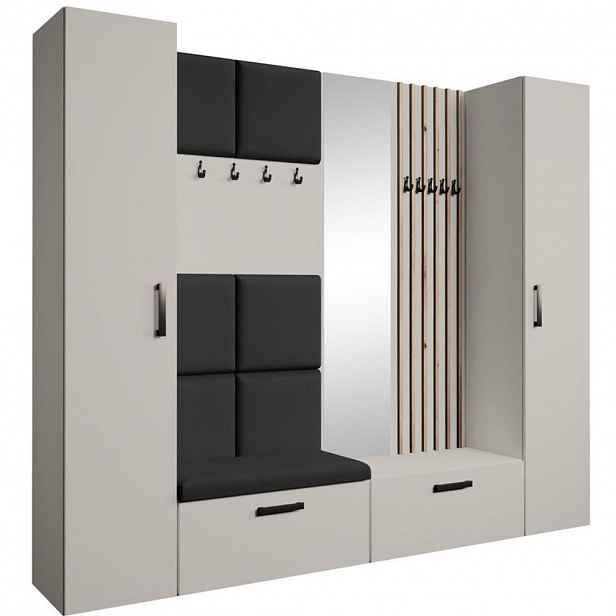 Beautysofa PŘEDSÍŇOVÁ sestava Margaret XL 242/203/43 s čalouněnými panely / lamelami / zrcadlem, kašmírová|dub artisan