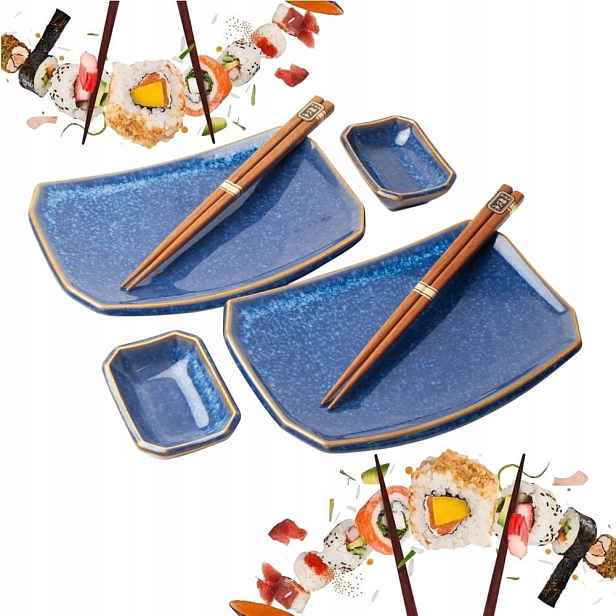 Sada keramiky na sushi modrá pro 2 osoby, 6 prvků Edo Japan