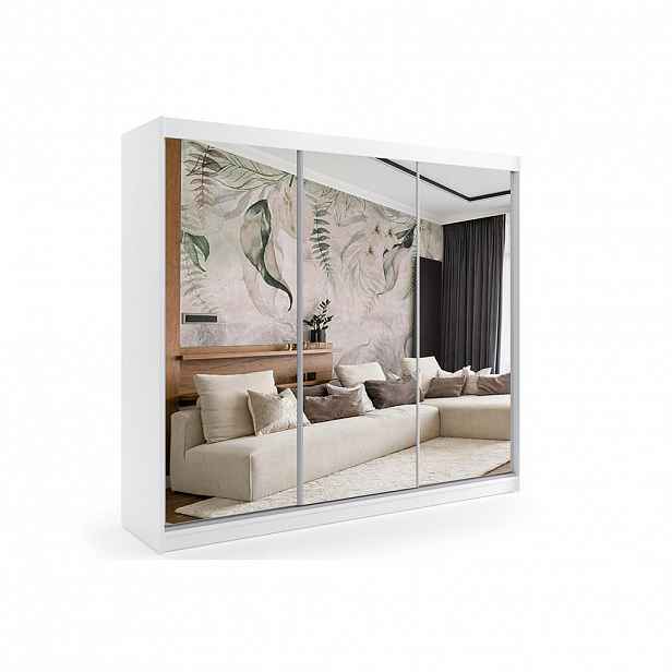 ALTDECOR ŠATNÍ SKŘÍŇ se zrcadlovými posuvnými dveřmi a hliníkovými lamelami, LED osvětlení – DEBI – 180 cm bílá