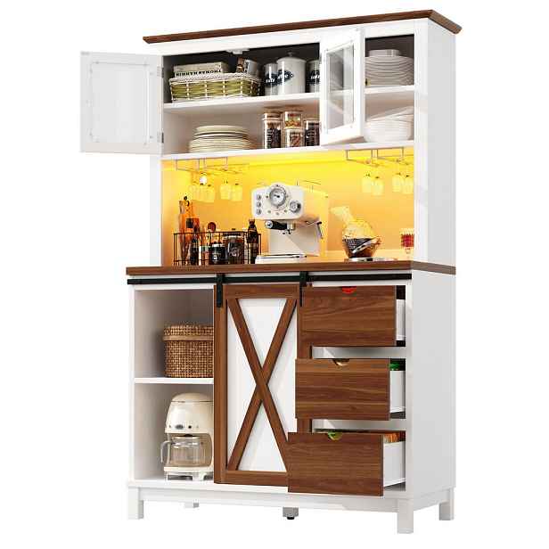 Modenvie BUFFET skříň 104/40/180 cm z MDF, kovu a skla, bílá s LED osvětlením