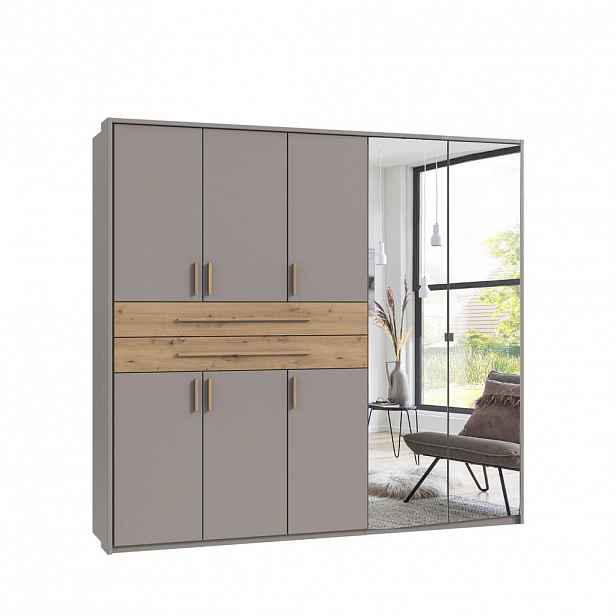 luma-home SKŘÍŇ S OTOČNÝMI DVEŘMI B228/H210/T58 cm, pískově šedá, s paspartou, 2 zrcadlové dveře, 2 velké zásuvky a úchytky v dekoru dub Artisan / 226