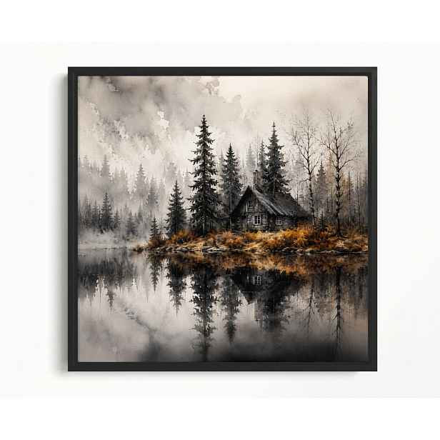 Obraz Rám Americký Box Les Stromy Jezero Chata Mlha Podzim Šedá 60x60