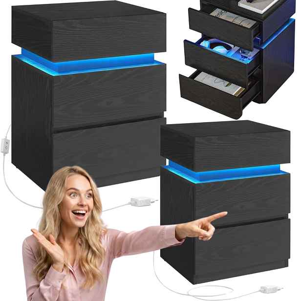 Sada 2 Led bočních nočních stolků 3 zásuvky Rgb Černá Noční Stolek