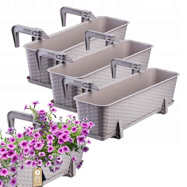 Balkonový Truhlík 60 cm Květináč Květináč Podstavec Úchytky 3 ks
