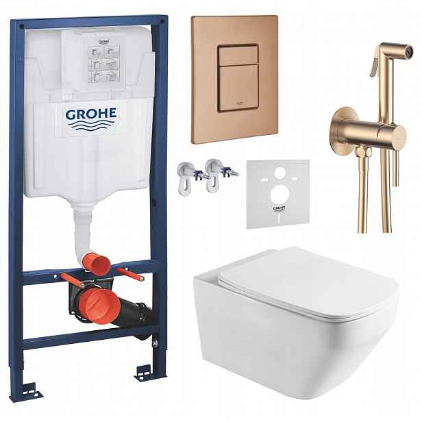 Podomítkový Wc set Grohe s mísou Naron a tlačítkem měď, baterie měď