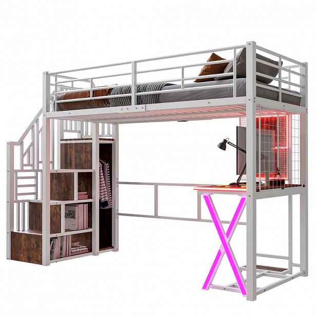 STILVORA HOCHBETT 90/200 cm in Weiß mit LED, Schreibtisch, Kleiderschrank und Ablageleiter