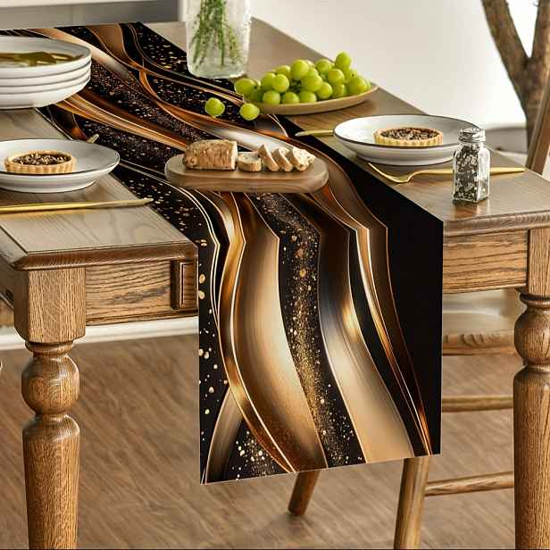 TEMU Elegantní černo-zlatý abstraktní umělecký vlnový design ubrus na stůl - pratelný polyesterový dekor do kuchyně a jídelny, opakovaně použitelný,