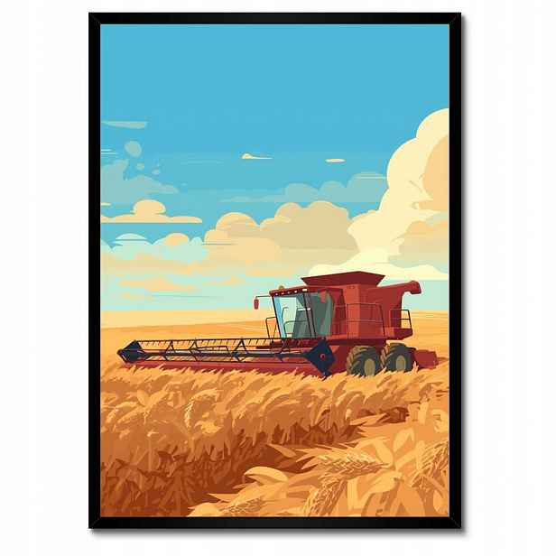 Plakáty v rámu 50x70 Červený kombajn v poli na sklizni