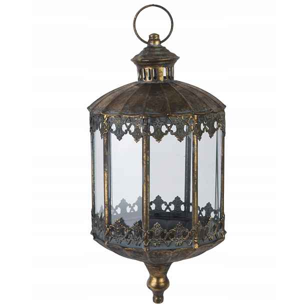 Kovová závěsná lampa skleněná retro lucerna, dekorace boho, zlatá, 53 cm