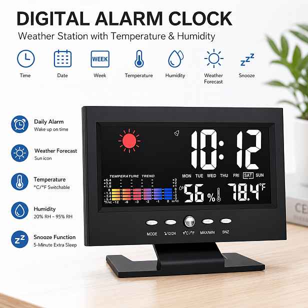 TEMU Digitální budík napájený přes USB s teploměrem, vlhkoměrem a zobrazením dnů v týdnu, velké barevné LCD hodiny meteorologické stanice s funkcí