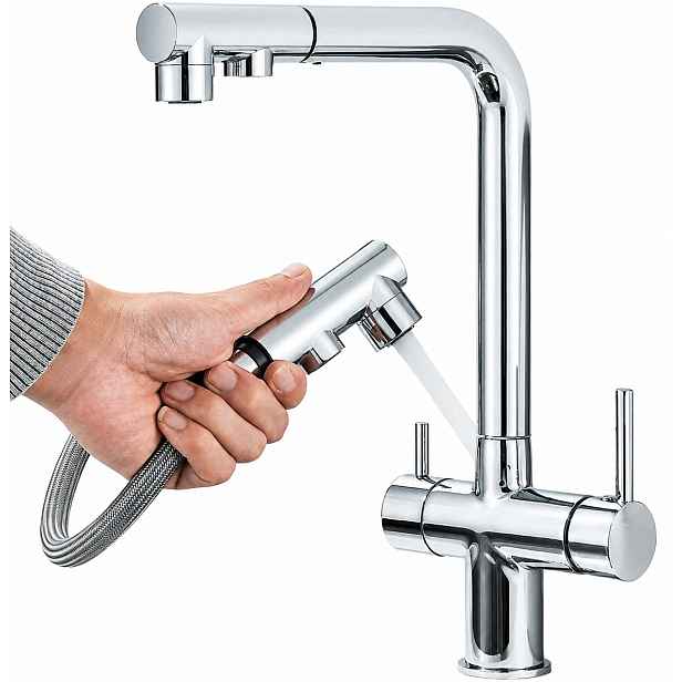 Kuchyňská baterie 3v1 třícestná pro vodní filtr Vytahovací Sprcha Chrom