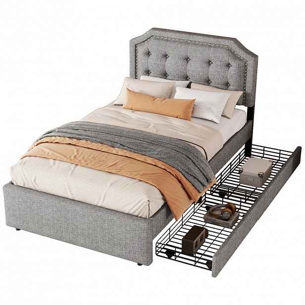 OKWISH ČALOUNĚNÁ postel 90/200 cm šedá z MDF a lnu se 2 zásuvkami a nastavitelným čelem