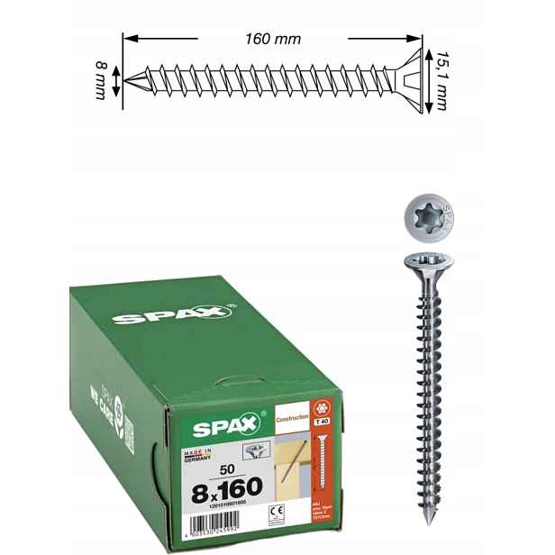 Šrouby Wirox pro konstrukci, plný závit, válec spax 8 x 160 mm, 50 ks