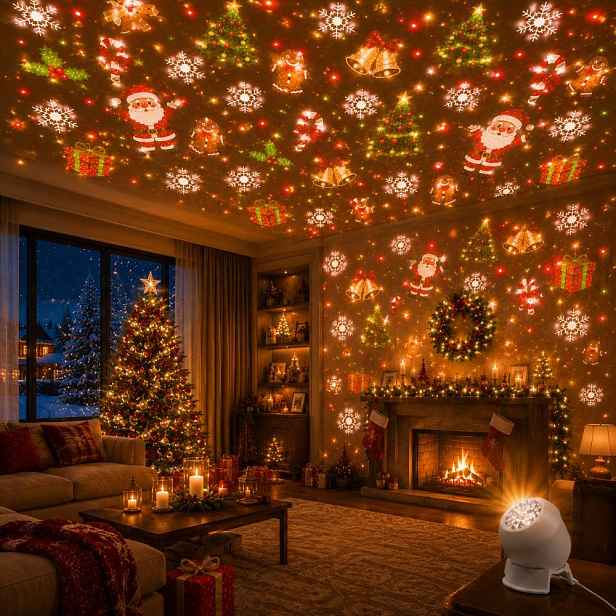 TEMU Vánoční světelný projektor LED, 360° otočná víceúhlově nastavitelná základna, vánoční stromek, Santa Claus, sněhová vločka, zvonkohra, na stěnu,