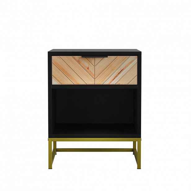 Modfu NOČNÍ stolek z MDF 43x40x55 cm černá/přírodní s zásuvkou a otevřenou policí, stabilní kovové nohy