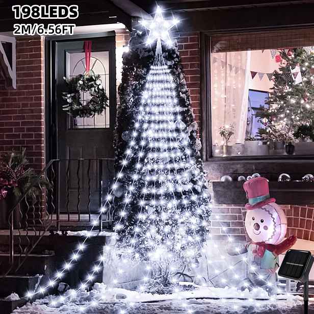 TEMU 1ks 200cm/78,74palce 198LED, Pěticípá hvězda vodopádové světlo, Řetězová světla vánoční solární dekorace, Solární venkovní kempingové světlo,