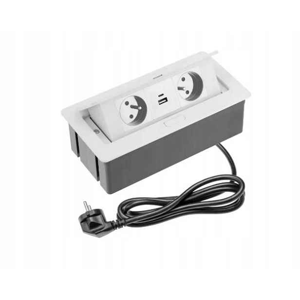 Nábytková zásuvka Soft 2x s uzemněním, Usb A+c, napájecí kabel, bílá