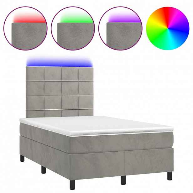 vidaXL Box spring postel s matrací a LED světle šedá 120x200 cm samet