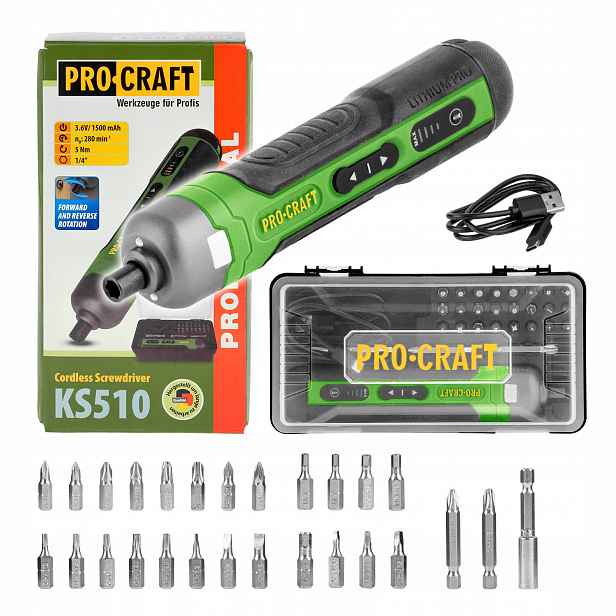 Procraft Akumulátorový šroubovák Sada Bitů KS510