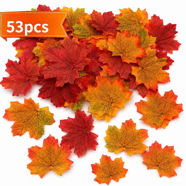 TEMU 53 ks umělých javorových listů o rozměrech 8 cm x 8 cm, podzimní dekorace, falešné rostliny, halloweenské doplňky, vícebarevná smíšená podzimní