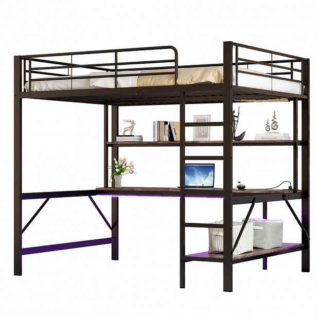 STILVORA HOCHBETT 140/200 cm in Schwarz mit Schreibtisch, Regal, LED und USB
