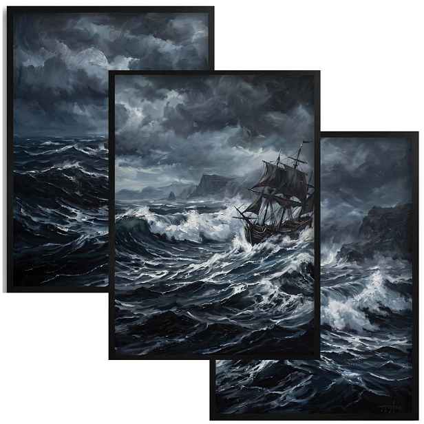 Plakát do obývacího pokoje Bouře Moře Triptych 3ks Obraz na zeď loď v rámu