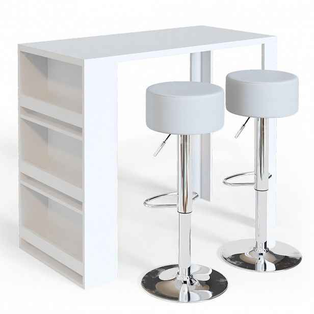 Vicco STOJACÍ BAROVÝ STŮL SE ŽIDLEMI Bílá 57 x 117 cm se 2 barovými stoličkami