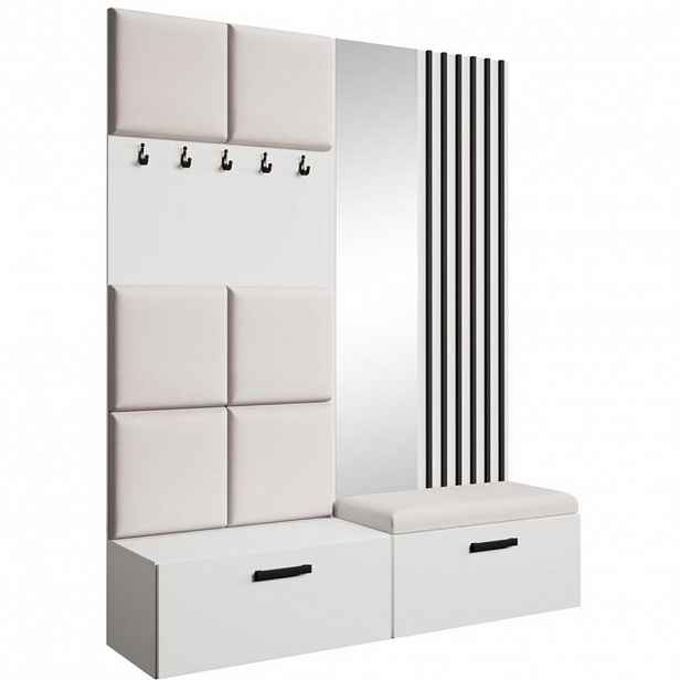 Beautysofa PŘEDSÍŇOVÁ sestava Margaret I+II 162/203/43 s čalouněnými panely / lamelami / zrcadlem, bílá|černá