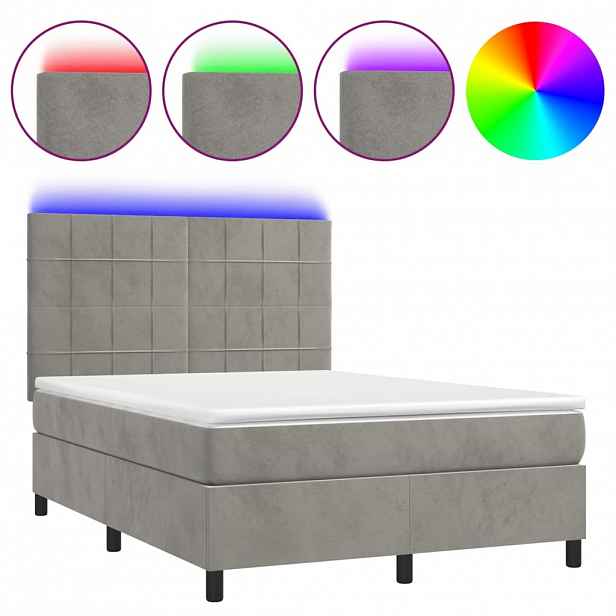 vidaXL Box spring postel s matrací a LED světle šedá 140x190 cm samet