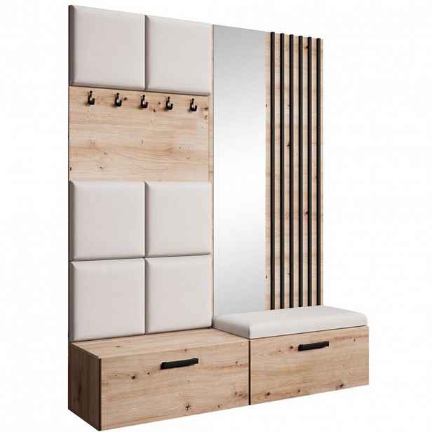 Beautysofa PŘEDSÍŇOVÁ sestava Margaret I+II 162/203/43 s čalouněnými panely / lamelami / zrcadlem, dub artisan|černá