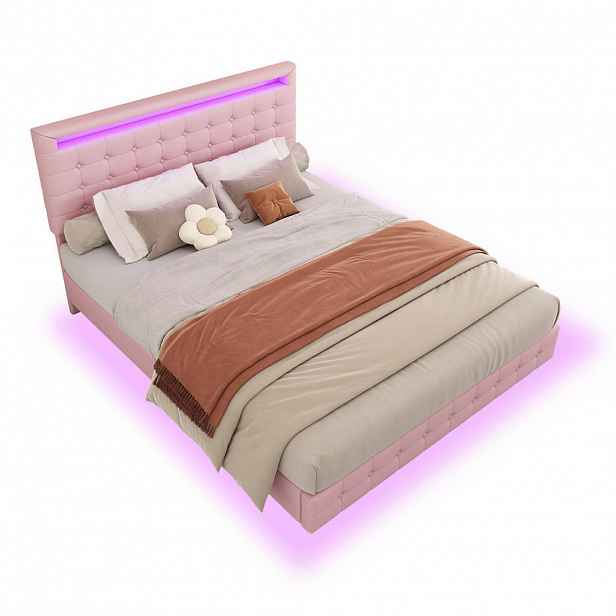 OKWISH ČALOUNĚNÁ postel 140/200 cm růžová z PU s LED osvětlením a nastavitelným čelem