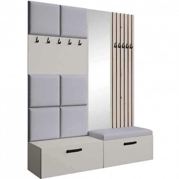 Beautysofa PŘEDSÍŇOVÁ sestava Margaret I+II 162/203/43 s čalouněnými panely / lamelami / zrcadlem, kašmírová|dub artisan